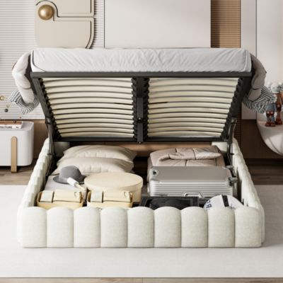 Lit double 160x200cm avec rangements, lit de souche avec éclairage LED, lit capitonné lit adulte lit ado, lin beige