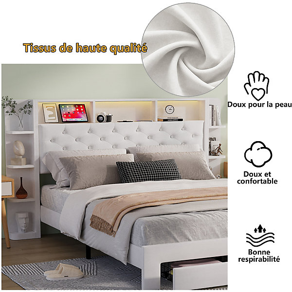 Lit adulte avec tiroirs 160x200cm en lin - avec LED & prise USB - avec Lit adulte avec tiroirs 160x200cm en lin - avec LED & prise USB - avec
