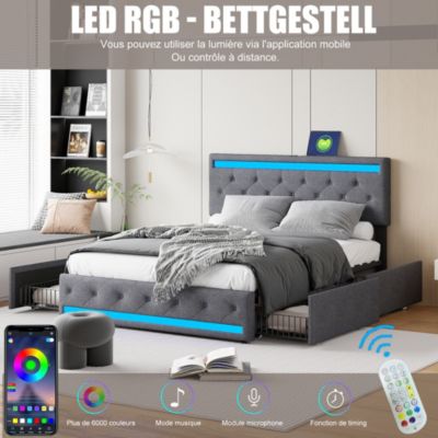 Lit double 180x200 cm avec tête de lit LED réglable, USB et Type-C, 4 tiroirs, sommier à lattes, structure en métal - Gris
