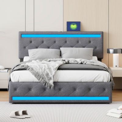 Lit double 180x200 cm avec tête de lit LED réglable, USB et Type-C, 4 tiroirs, sommier à lattes, structure en métal - Gris