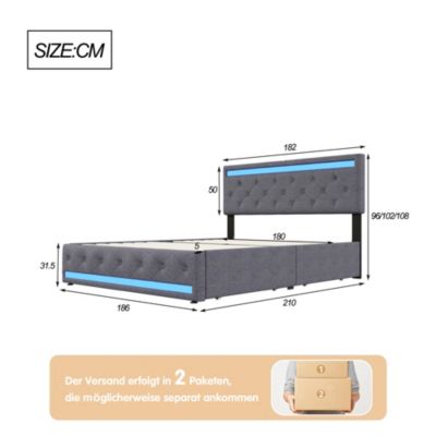 Lit double 180x200 cm avec tête de lit LED réglable, USB et Type-C, 4 tiroirs, sommier à lattes, structure en métal - Gris