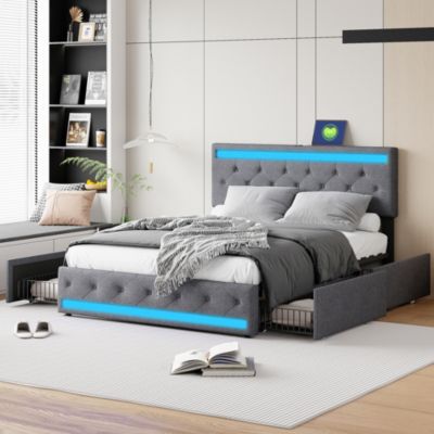 Lit double 180x200 cm avec tête de lit LED réglable, USB et Type-C, 4 tiroirs, sommier à lattes, structure en métal - Gris