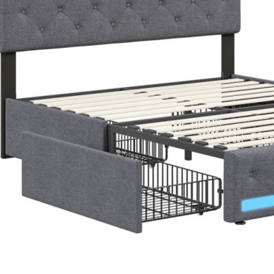Lit double 180x200 cm avec tête de lit LED réglable, USB et Type-C, 4 tiroirs, sommier à lattes, structure en métal - Gris
