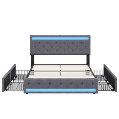 Lit double 180x200 cm avec tête de lit LED réglable, USB et Type-C, 4 tiroirs, sommier à lattes, structure en métal - Gris