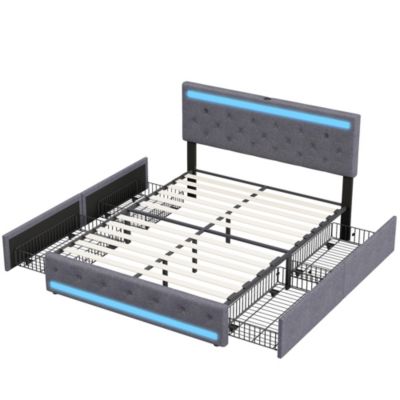 Lit double 180x200 cm avec tête de lit LED réglable, USB et Type-C, 4 tiroirs, sommier à lattes, structure en métal - Gris