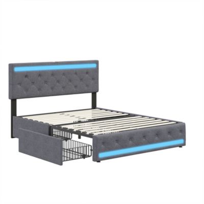 Lit double 180x200 cm avec tête de lit LED réglable, USB et Type-C, 4 tiroirs, sommier à lattes, structure en métal - Gris