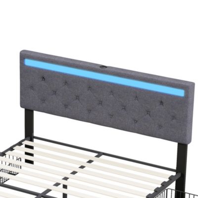 Lit double 180x200 cm avec tête de lit LED réglable, USB et Type-C, 4 tiroirs, sommier à lattes, structure en métal - Gris