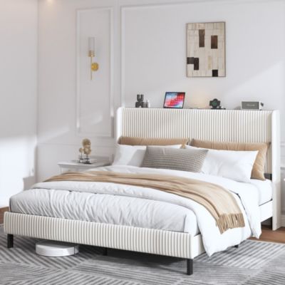 Lit double 180x200 cm capitonné adulte avec métallique stable et design à ailes - plateforme rembourrée velours côtelé beige/crème