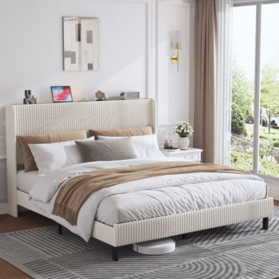 Lit double 180x200 cm capitonné adulte avec métallique stable et design à ailes - plateforme rembourrée velours côtelé beige/crème