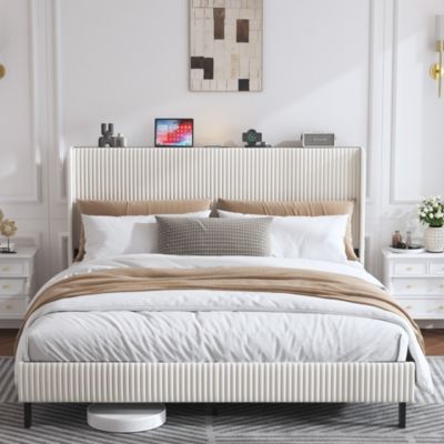 Lit double 180x200 cm capitonné adulte avec métallique stable et design à ailes - plateforme rembourrée velours côtelé beige/crème