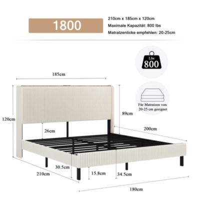 Lit double 180x200 cm capitonné adulte avec métallique stable et design à ailes - plateforme rembourrée velours côtelé beige/crème