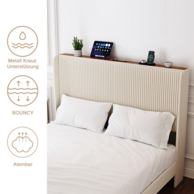 Lit double 180x200 cm capitonné adulte avec métallique stable et design à ailes - plateforme rembourrée velours côtelé beige/crème