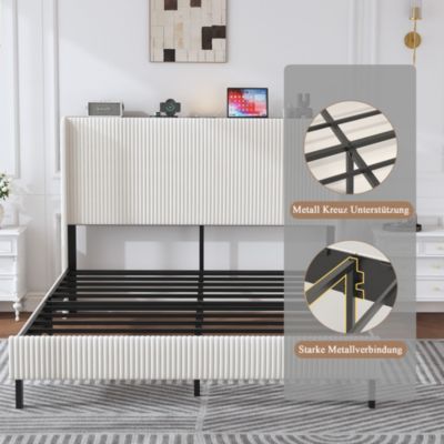 Lit double 180x200 cm capitonné adulte avec métallique stable et design à ailes - plateforme rembourrée velours côtelé beige/crème