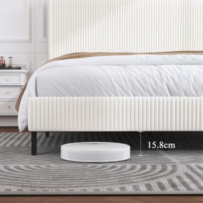Lit double 180x200 cm capitonné adulte avec métallique stable et design à ailes - plateforme rembourrée velours côtelé beige/crème