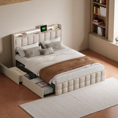 Lit double 180x200 cm rembourré beige avec LED, USB, tête de lit et 4 tiroirs, sommier à lattes, sans matelas