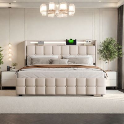 Lit double 180x200 cm rembourré beige avec LED, USB, tête de lit et 4 tiroirs, sommier à lattes, sans matelas