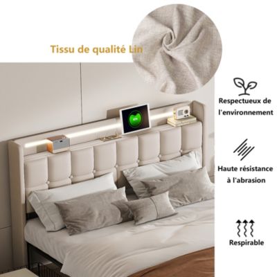 Lit double 180x200 cm rembourré beige avec LED, USB, tête de lit et 4 tiroirs, sommier à lattes, sans matelas