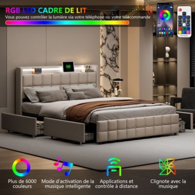 Lit double 180x200 cm rembourré beige avec LED, USB, tête de lit et 4 tiroirs, sommier à lattes, sans matelas