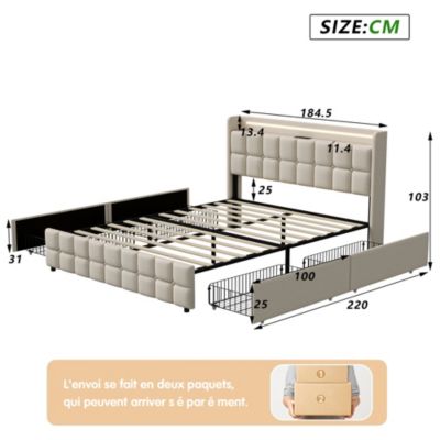 Lit double 180x200 cm rembourré beige avec LED, USB, tête de lit et 4 tiroirs, sommier à lattes, sans matelas