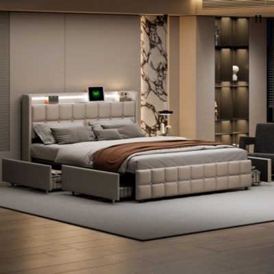 Lit double 180x200 cm rembourré beige avec LED, USB, tête de lit et 4 tiroirs, sommier à lattes, sans matelas