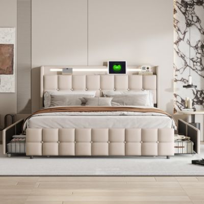 Lit double 180x200 cm rembourré beige avec LED, USB, tête de lit et 4 tiroirs, sommier à lattes, sans matelas