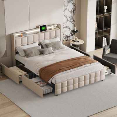 Lit double 180x200 cm rembourré beige avec LED, USB, tête de lit et 4 tiroirs, sommier à lattes, sans matelas