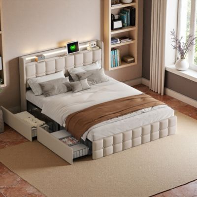 Lit double 180x200 cm rembourré beige avec LED, USB, tête de lit et 4 tiroirs, sommier à lattes, sans matelas