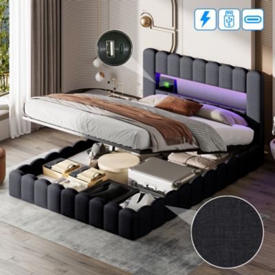 Lit double 180x200cm avec rangements, lit de souche avec éclairage LED, lit capitonné lit adulte lit ado, lin gris