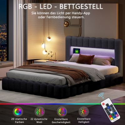 Lit double 180x200cm avec rangements, lit de souche avec éclairage LED, lit capitonné lit adulte lit ado, lin gris