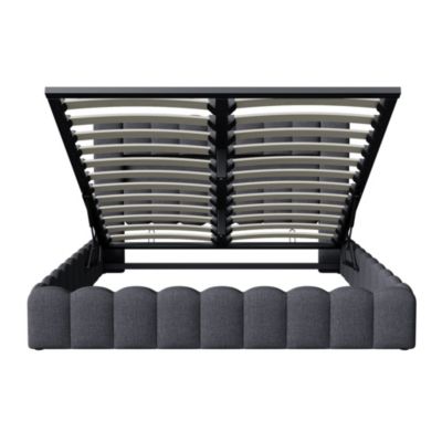 Lit double 180x200cm avec rangements, lit de souche avec éclairage LED, lit capitonné lit adulte lit ado, lin gris