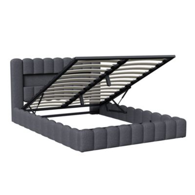 Lit double 180x200cm avec rangements, lit de souche avec éclairage LED, lit capitonné lit adulte lit ado, lin gris