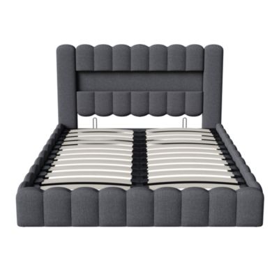 Lit double 180x200cm avec rangements, lit de souche avec éclairage LED, lit capitonné lit adulte lit ado, lin gris