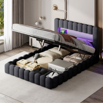 Lit double 180x200cm avec rangements, lit de souche avec éclairage LED, lit capitonné lit adulte lit ado, lin gris