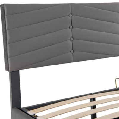 Lit Double 180x200cm Hydraulique Velours Rayé Gris Blackcolors