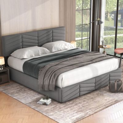 Lit Double 180x200cm Hydraulique Velours Rayé Gris Blackcolors