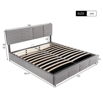 Lit Double 180x200cm Hydraulique Velours Rayé Gris Blackcolors