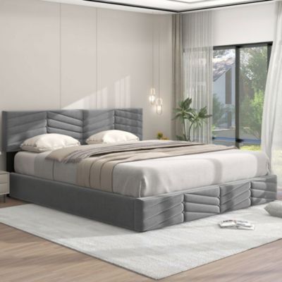 Lit Double 180x200cm Hydraulique Velours Rayé Gris Blackcolors