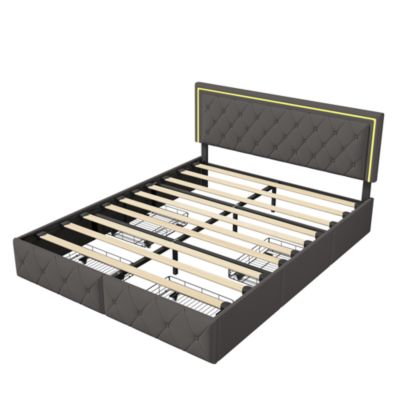 Lit Double Adulte Avec Éclairage LED, Avec 4 Tiroirs Et Éclairage LED, 140 X 200 Cm, Pu Gris
