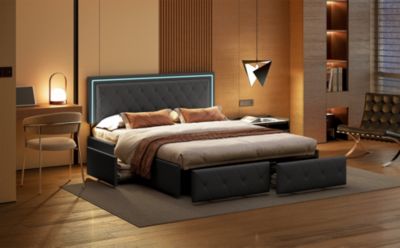 Lit Double Adulte Avec Éclairage LED, Avec 4 Tiroirs Et Éclairage LED, 140 X 200 Cm, Pu Gris