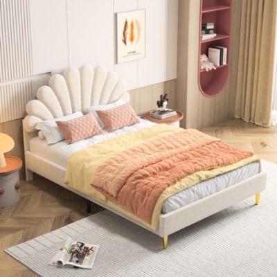 Lit Double Capitonné 140 X 200 Cm Avec Sommier à Lattes, Velours, Beige