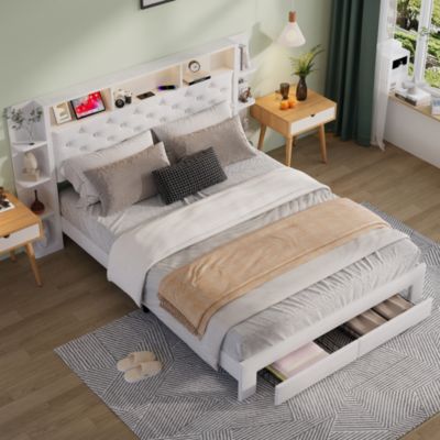 Lit Double Avec Rangement, LEDs Et Charge USB - Velours Blanc, 140x200 Cm, 2 Tiroirs, Tête De Lit éclairée