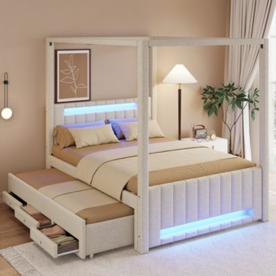 Lit double capitonné 140x200cm - Lit à baldaquin - Avec lit gigogne et 3 tiroirs - Éclairage LED - Beige (matelas non inclus)