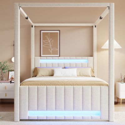 Lit double capitonné 140x200cm - Lit à baldaquin - Avec lit gigogne et 3 tiroirs - Éclairage LED - Beige (matelas non inclus)