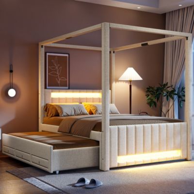 Lit double capitonné 140x200cm - Lit à baldaquin - Avec lit gigogne et 3 tiroirs - Éclairage LED - Beige (matelas non inclus)