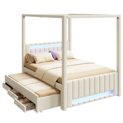 Lit double capitonné 140x200cm - Lit à baldaquin - Avec lit gigogne et 3 tiroirs - Éclairage LED - Beige (matelas non inclus)