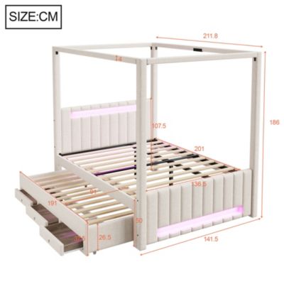 Lit double capitonné 140x200cm - Lit à baldaquin - Avec lit gigogne et 3 tiroirs - Éclairage LED - Beige (matelas non inclus)