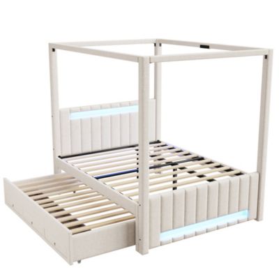 Lit double capitonné 140x200cm - Lit à baldaquin - Avec lit gigogne et 3 tiroirs - Éclairage LED - Beige (matelas non inclus)