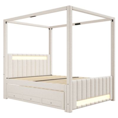 Lit double capitonné 140x200cm - Lit à baldaquin - Avec lit gigogne et 3 tiroirs - Éclairage LED - Beige (matelas non inclus)