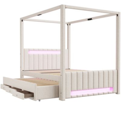 Lit double capitonné 140x200cm - Lit à baldaquin - Avec lit gigogne et 3 tiroirs - Éclairage LED - Beige (matelas non inclus)