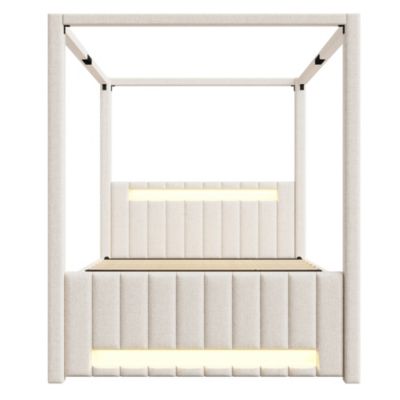 Lit double capitonné 140x200cm - Lit à baldaquin - Avec lit gigogne et 3 tiroirs - Éclairage LED - Beige (matelas non inclus)